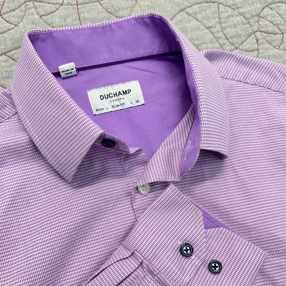 Duchamp London Button Down Shirt Purple Slim Fit Micro-Check / Mens Medium 15.5